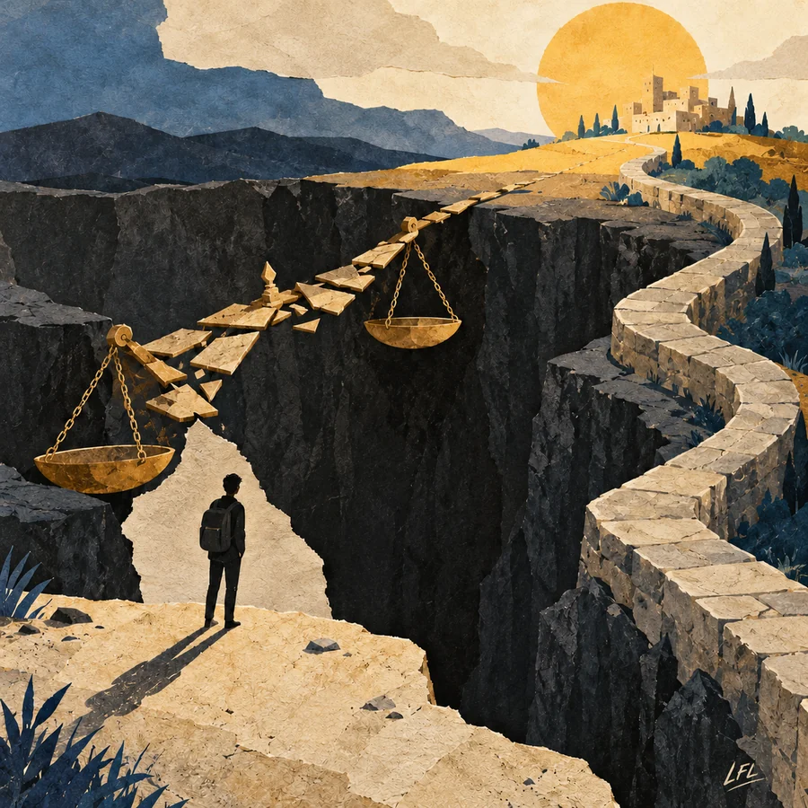 A student considers two routes across a ravine toward a distant town, with broken balance scales forming a shortcut